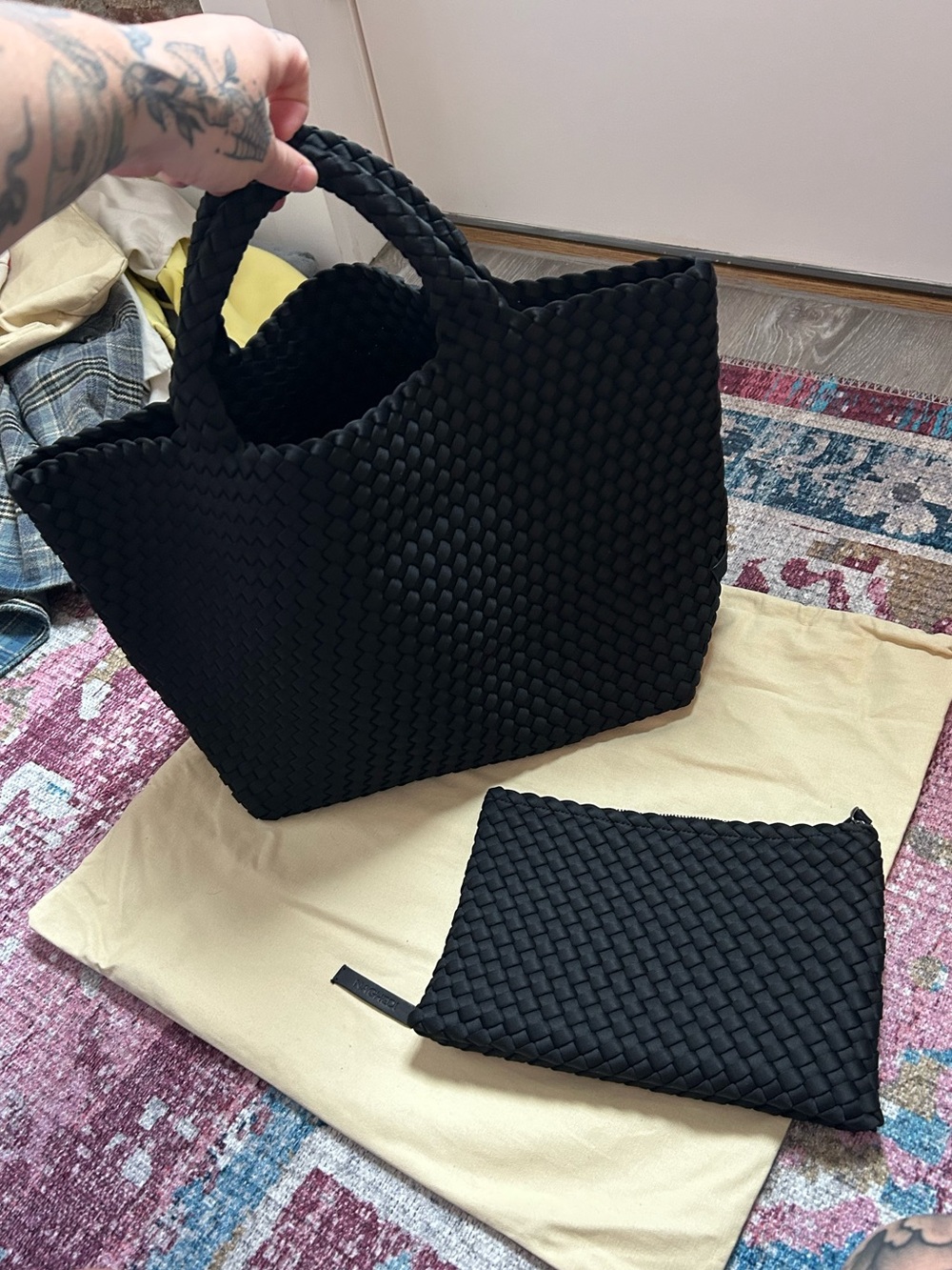 Naghedi Black st Barths medium tote
Woven Tote Bag with Matching Pouch
